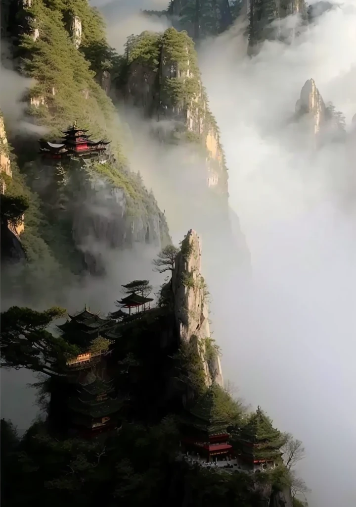 Close-up of a mountain，There are several trees on the mountain, Taoist Temples in Huangshan, Zhangjiajie national forest park, Mist over waterfall, Floating mountains, Misty Mountains, Zhangjiajie, Beautiful and mysterious, Chinese scenery, Mist rising from the top, Stunning scenery, Mist floating in the air, Stunning Mountains