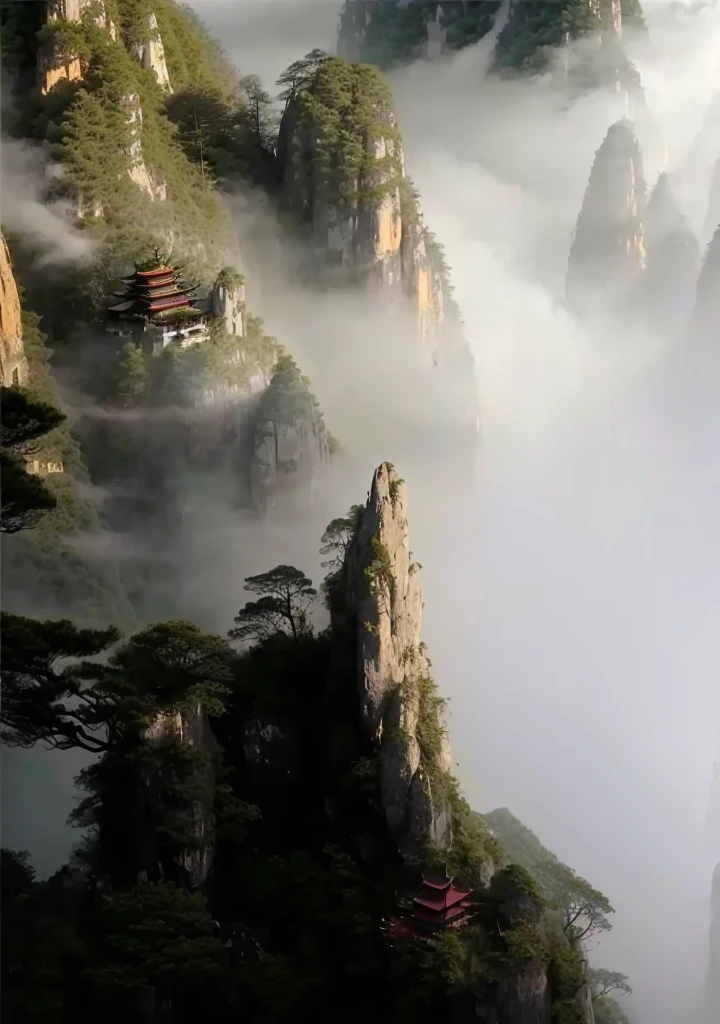Close-up of a mountain,There are several trees on the mountain, Taoist Temples in Huangshan, Zhangjiajie national forest park, Mist over waterfall, Floating mountains, Misty Mountains, Zhangjiajie, Beautiful and mysterious, Chinese scenery, Mist rising from the top, Stunning scenery, Mist floating in the air, Stunning Mountains