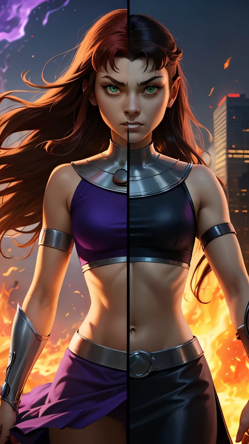 (masterpiece, best quality:1.2), Realistic, SplitScreen, split screen, starfire, orange skin, red hair, gorget, crop top, armlet, vambraces, midriff, skirt, purple skirt, Purple midriff, Green Fire eyes:1.3, Green Aura, Green Flames, SplitScreen, split screen, blackfire, orange skin, black hair, gorget, crop top, armlet, vambraces, midriff, skirt, black skirt, black midriff, Purple Fire eyes:1.3, Purple Aura, Purple Flames, looking at viewer, angry, clenched teeth:1.3, 20-year-old, Fire eyes:1.3, 2 different eye color, destroyed city, SplitScreen, split screen,