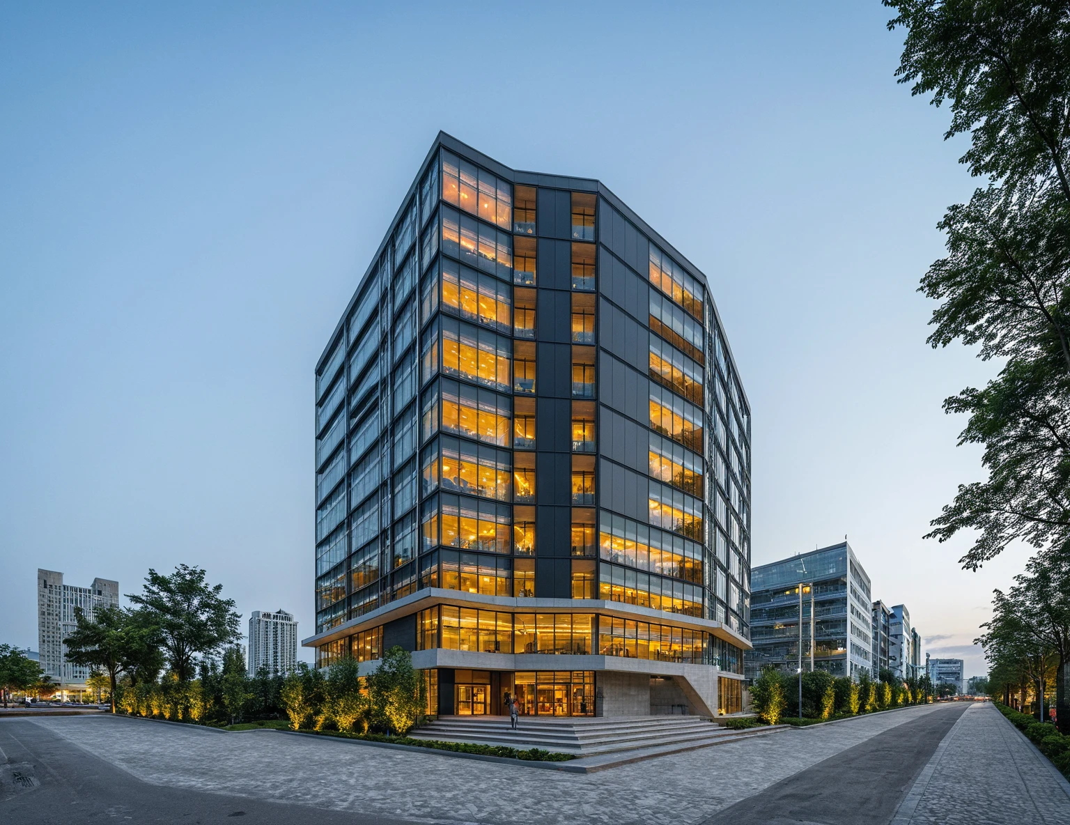 modern office building, modern style, modern, dynamic (RAW photo, real, best quality, masterpiece:1.2), (hyper realistic, photo-realistic:1.2), high quality, (dark lighting:1.2), perfect lighting, archdaily, architecture digest award wining sustainable architecture, cinematic, Building height: 8-10 stories, Facade: Low-e glass combined with a hexagonal louver system, Sleek, modern design with a predominantly glass facade, Hexagonal louvers creating a distinctive pattern across the building's surface, Main entrance with a canopy or architectural feature to mark the entry point, Possible rooftop terrace or green roof element, Urban setting with other mid-rise buildings nearby, Wide sidewalk in front of the building with some landscaping, Street view showing neighboring structures and city life, Possibly include trees or green spaces around the building, Bustling city environment with pedestrians and vehicles, Reflections of the surroundings on the glass facade, Interplay of light and shadow created by the hexagonal louvers, Overall impression of a harmonious blend between the building and its urban context