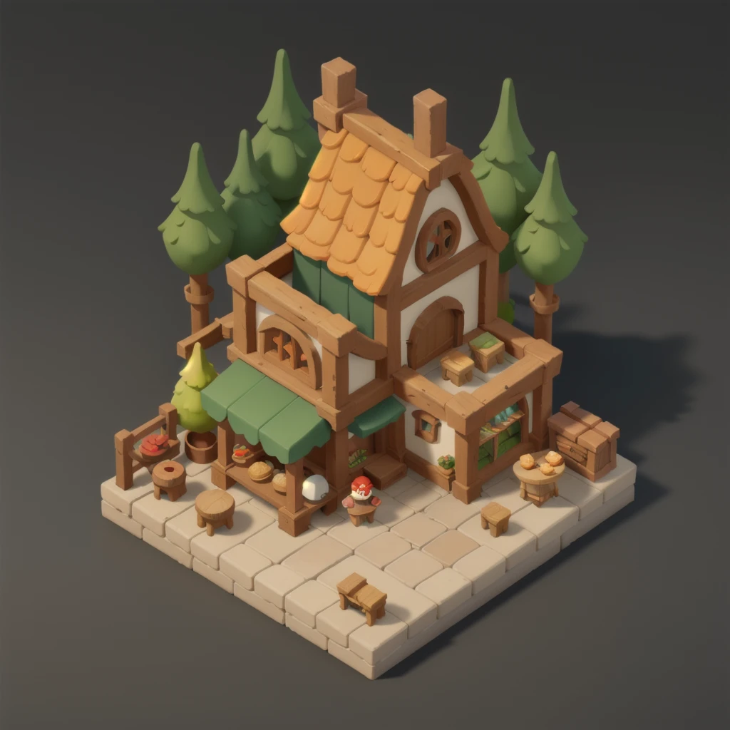 Isometric Model,A green and red wooden bakery, white background,middle Ages,Game architecture design,Cartoon,casual game style, Game assets,Isometric,2d,Game Art，4K，Rich in details