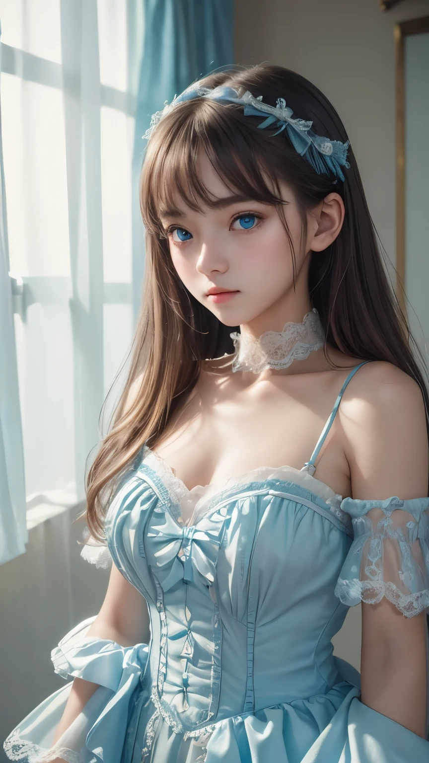 (masterpiece, best quality, pretty girl, Pretty Face, 8K, RAW photos, Reality, absurd:1.2), teenager, Surface light, Film Grain, Chromatic Aberration, high resolution, Extremely detailed, Fine details, Light blue ruffled lace, Delicate skin、Eyes and face, Sharp pupils, Clear focus, in the room,