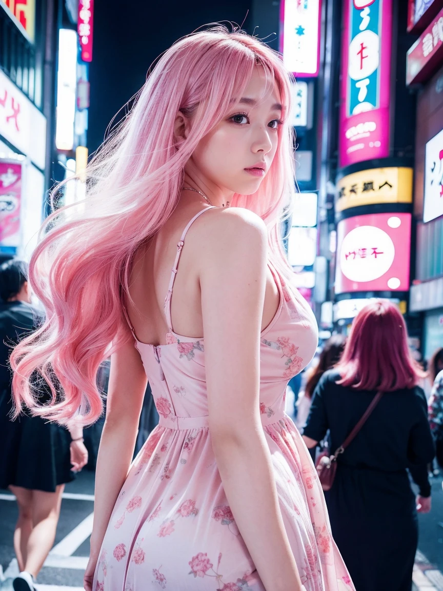 Tokyo, Kabukicho, long hair fluttering in the wind, pink hair, high definition, dress