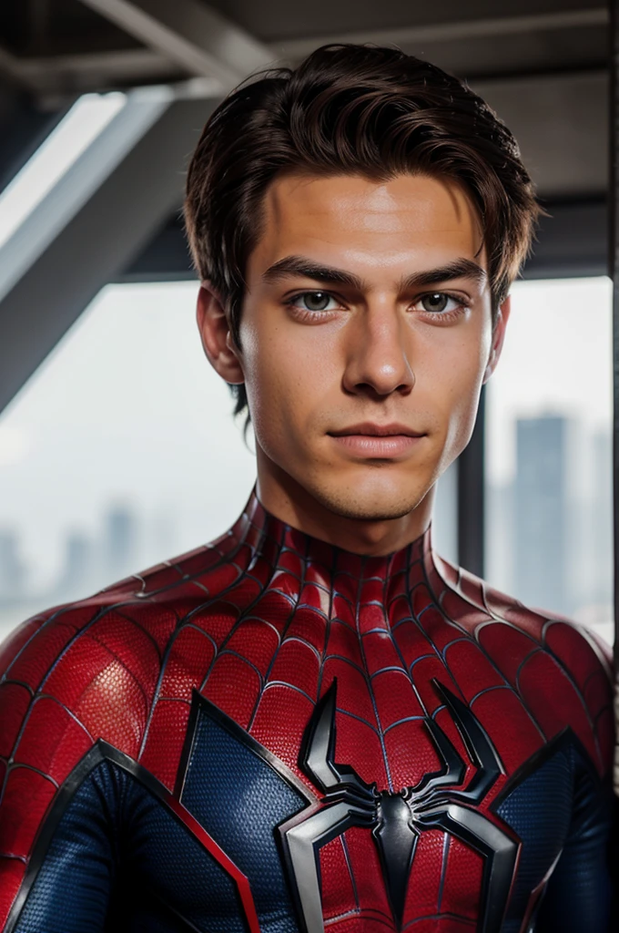 A photograph of spider man, no mask, 20 yo, handsome, detailed face, looking at camera, portrait, 8k uhd, high quality