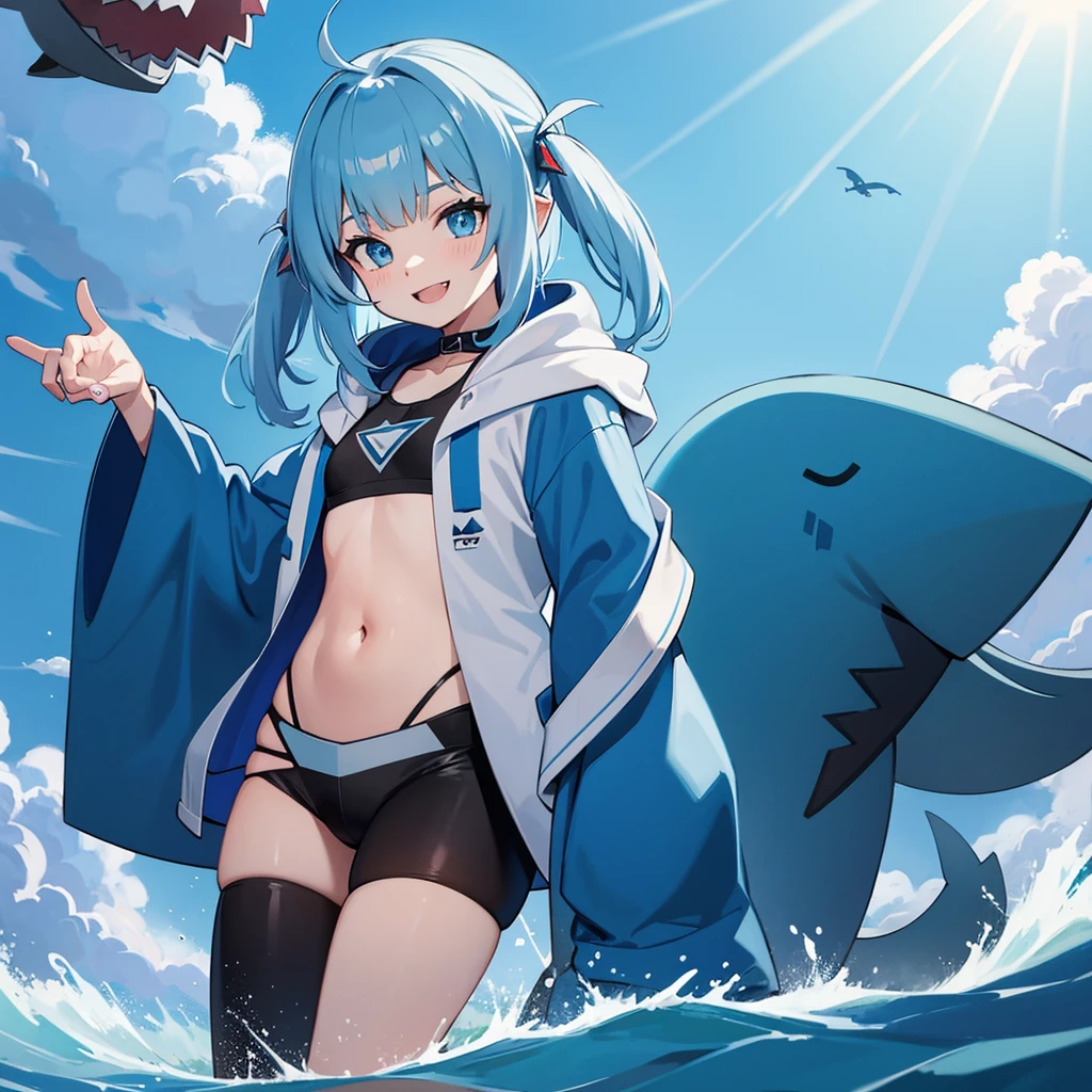 1 girl, hand in panties,
2d, masterpiece, best quality, Japanese cartoons, The facial details are very rich, Highly detailed eyes, Very detailed的背景, perfect lighting, Full body female love, 1 girl, alone, gawrgura, Shark Girl, shark hair ornament, Blue hoodie, Shark tail, Shark print, :d, sharp teeth, Cover the crotch,, masterpiece, best quality, Very detailed