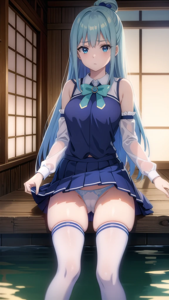 BREAK looking at viewer, BREAK (masterpiece:1.2), best quality, high resolution, unity 8k wallpaper, (illustration:0.8), (beautiful detailed eyes:1.6), extremely detailed face, perfect lighting, extremely detailed CG, (perfect hands, perfect anatomy),outdoor,onsen,hot springs, night,aqua, long hair, blue eyes, hair ornament, very long hair, blue hair, hair rings, single hair ring, hair bobbles,
skirt, shirt,wet shirt, thighhighs, bare shoulders, detached sleeves, white thighhighs, blue skirt, blue shirt, green bow,nipples,cleavege,neckline,sitting,spread legs,showing panties,wet panties,white panties,lace panties,camel toe,from below.