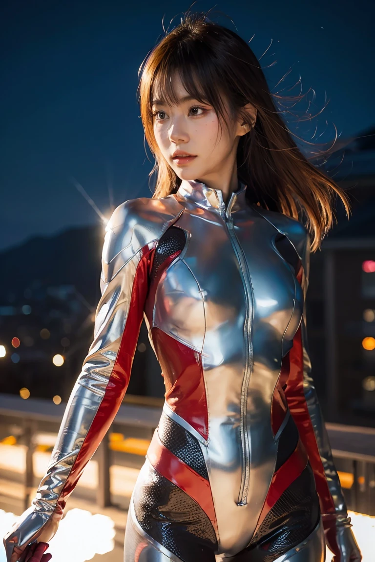 Ultraman、realistic、realistic、cinematic lighting, Girl in a shiny red and silver suit、、professional photos、Don&#39;Do not expose your skin, japanese model, japanese cgi、Ultraman Suit、, Power Rangers Suit、tight and thin cyber suit,Whole body rubbery、There&#39;s pink There、 delicate body, big breasts、small ass、thin thighs、thin arms、thin waist、camel toe、Both sides of the cyber suit stick to the skin、Big eyes、black short hair、facing the front、facing the front立っている、A glowing sphere is embedded in the chest.、Essay Examination、 blue sky background