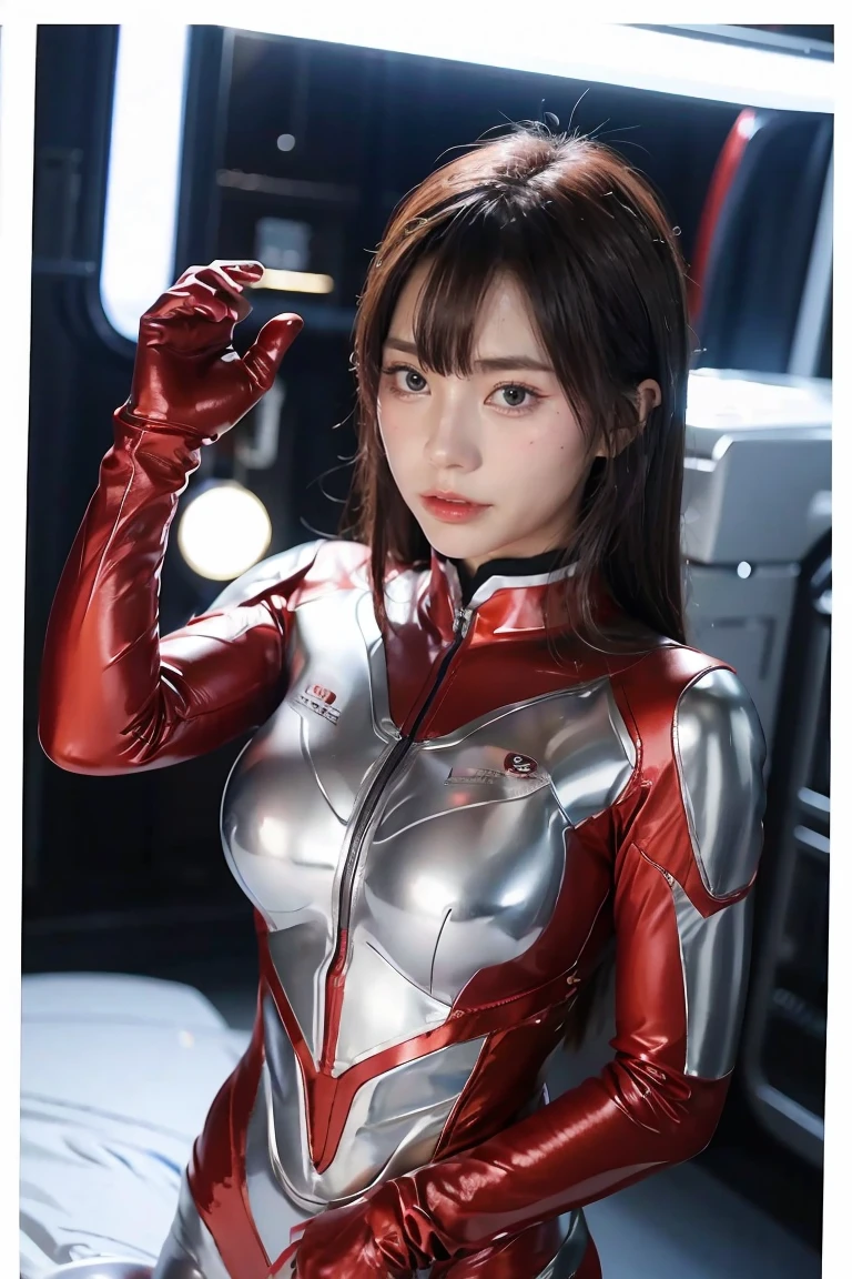 Ultraman、realistic、realistic、cinematic lighting, Girl in a shiny red and silver suit、15 years old、professional photos、Don&#39;Do not expose your skin, japanese model, japanese cgi、Ultraman Suit、, Power Rangers Suit、tight and thin cyber suit,Whole body rubbery、There&#39;s pink There、 delicate body, big breasts、small ass、thin thighs、thin arms、thin waist、camel toe、Both sides of the cyber suit stick to the skin、Big eyes、black short hair、facing the front、facing the front立っている、A glowing sphere is embedded in the chest.、Essay Examination、 blue sky background