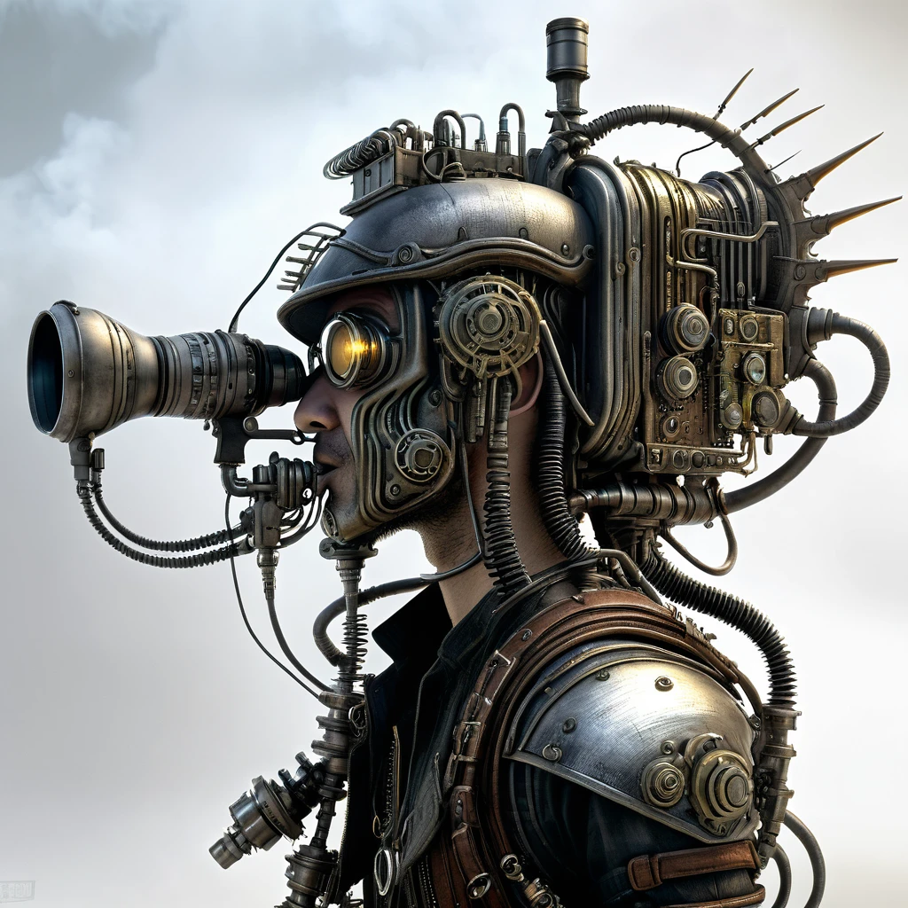 Noise Sonic Attack，Steampunk, side view, White background, Unreal Engine, Inspired by HR Giger, Half-length portrait, Very detailed, Photo-realistic, Movie, Stills, Shot in the style of a Sony Alpha A7 III camera