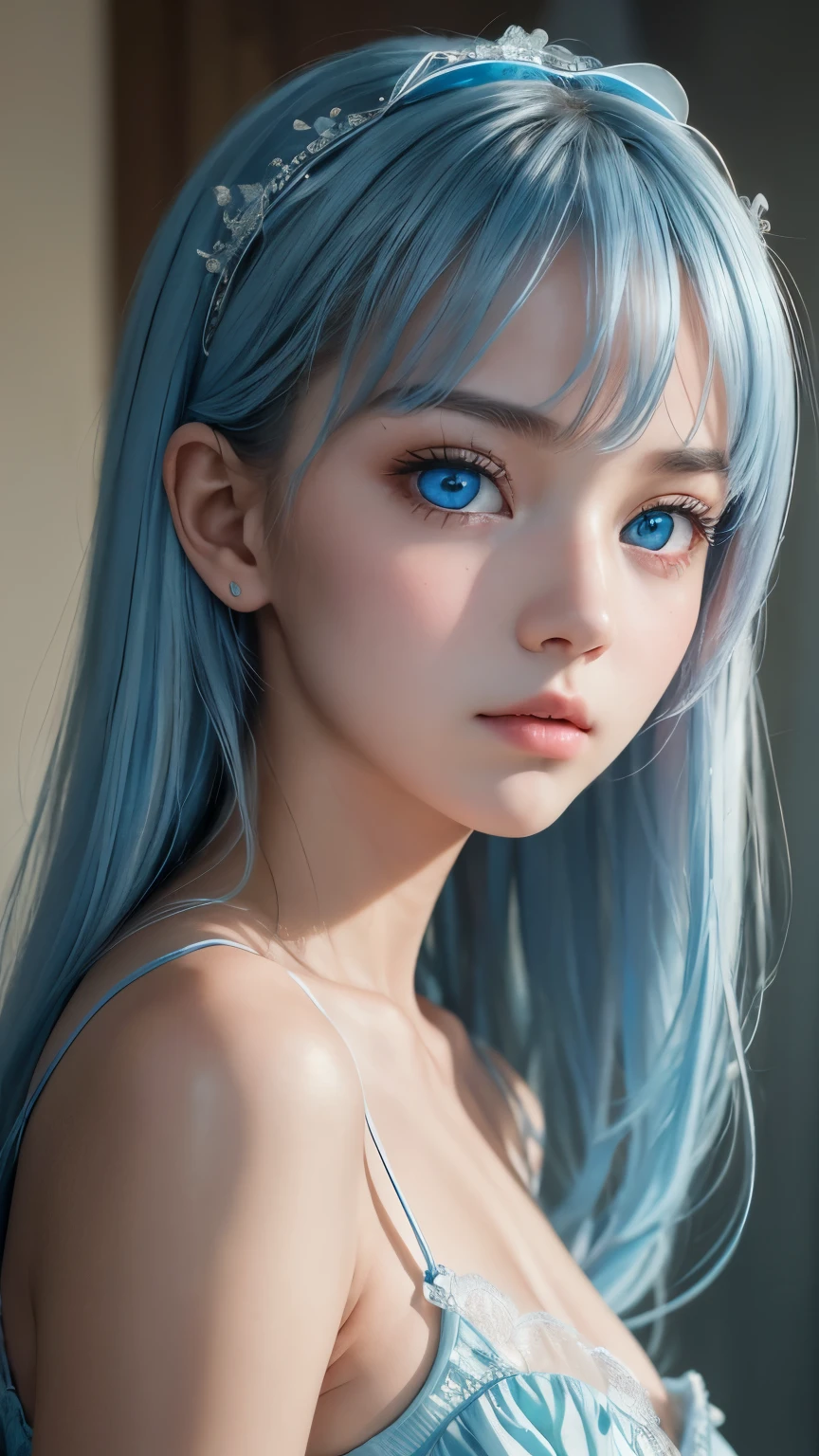 (masterpiece, best quality, pretty girl, Pretty Face, 8K, RAW photos, Reality, absurd:1.2), teenager, Surface light, Film Grain, Chromatic Aberration, high resolution, Extremely detailed, Fine details, Light blue ruffled lace, Delicate skin、Eyes and face, Sharp pupils, Clear focus, in the room,