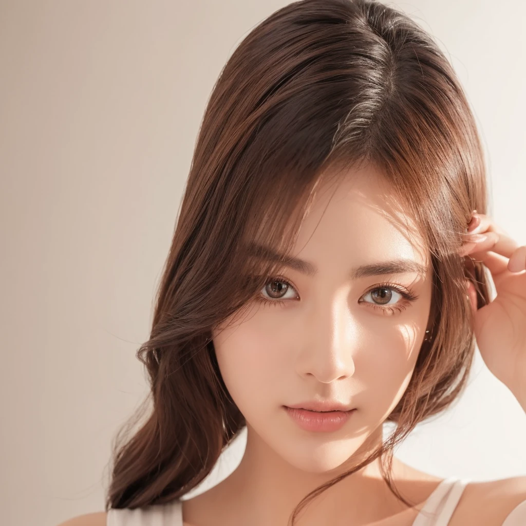 A close-up portrait of a Japanese woman in a high-key studio setting, focusing solely on her face and hair. Her beautifully styled light-colored hair frames her face elegantly. The portrait is cropped just below the chin, with no hands or body visible in the frame.
Her eyes are the focal point of the image, featuring long, voluminous eyelashes that are perfectly curled and defined. The eyelashes are clearly visible, creating a dramatic and feminine look. A precise, dark eyeliner accentuates her eyes, with a subtle wing at the outer corners, enhancing their shape. The eyeliner is smooth and even, perfectly applied to complement her eye shape.
Her skin appears flawless and radiant, with a soft blush adding a warm glow to her cheeks. Her lips are subtly enhanced with a natural-looking lip color that complements her overall makeup.
The studio lighting is exceptionally bright and skillfully arranged, creating a high-key effect. Multiple soft boxes and reflectors produce a wrapping light that minimizes shadows and enhances the overall brightness. This lighting setup brilliantly illuminates her face, particularly emphasizing her eyes, eyelashes, and the subtle contours of her features. The lighting is crisp and even, enhancing the clarity and details of her face while maintaining a soft, flattering effect on the skin.
The background is pure, stark white, creating a clean and extremely bright atmosphere. There are absolutely no other elements or shadows visible in the background - it is completely and uniformly white, seamlessly blending with the edges of the portrait. This white background intensifies the high-key effect, making the subject appear to glow and creating a fresh, modern aesthetic. The contrast between the subject and the white background is striking yet harmonious, drawing full attention to the woman's facial features and the details of her styling.