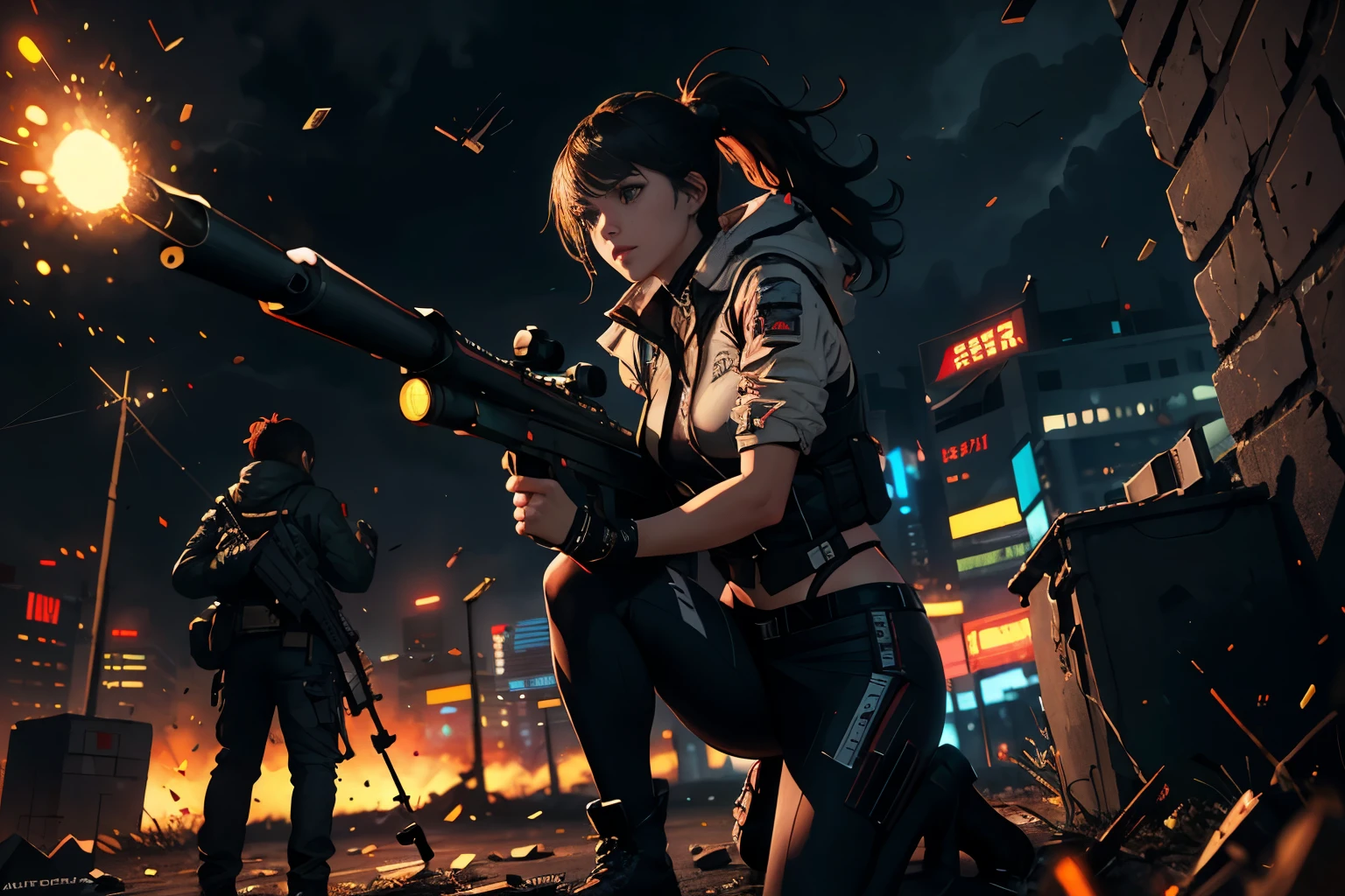 masterpiece, best quality, high resolution, realistic, detailed, cyberpunk, female sniper, hair blowing in the wind, on the ground aiming with a sniper rifle, Futuristic combat uniforms, stormy weather, tons of flying debris around her, spark