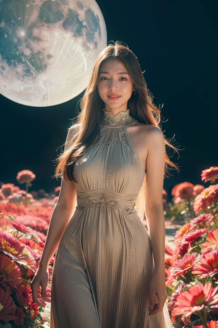 (masterpiece),(best quality), illustration, (fantasy:1.4), brown long hair, long eye lashes, solid circle eyes, light smile, Surrealism, drop shadow, anaglyph, stereogram, atmospheric perspective, 8k, super detail, accurate, best quality, UHD, textured skin, long dress, a moon, flowers , paper_cut