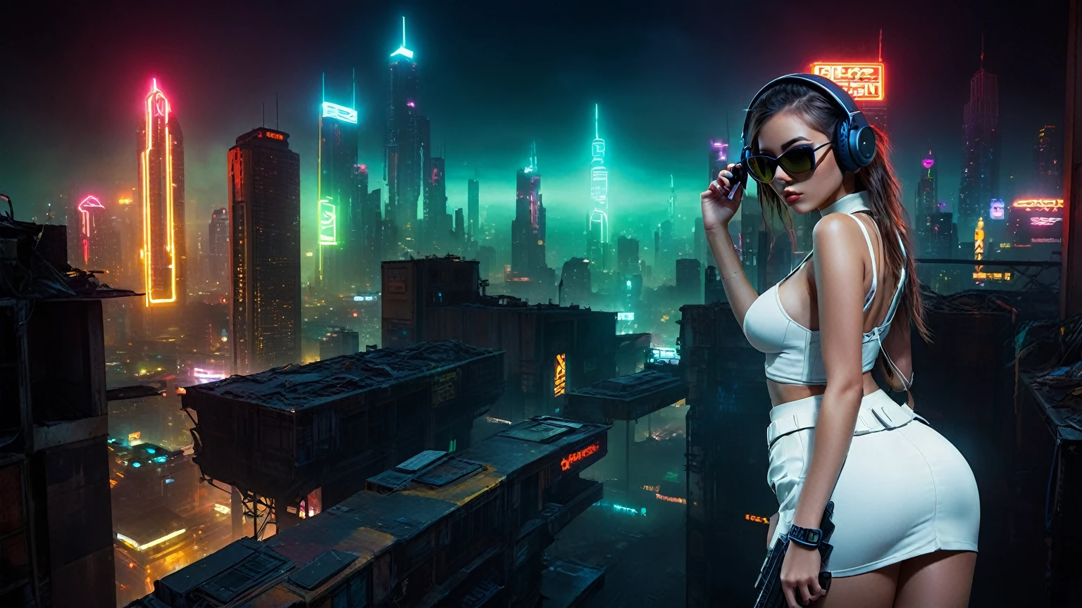 (((aerial view))), Blade Runner style futuristic city, neon lights, at night. (1girl, solo, alone), large-breast:1.2 slim body, cleavage:1.1, sexy lingerie with wet jacket, headphone, (black sunglasses), (((she raised a pistol:1.8 and shot:1.8 the viewer))), dynamic pose, (((half-body thigh level medium shot))), cinematic lighting, lens flare, ray tracing, blurred:1.4 background.
