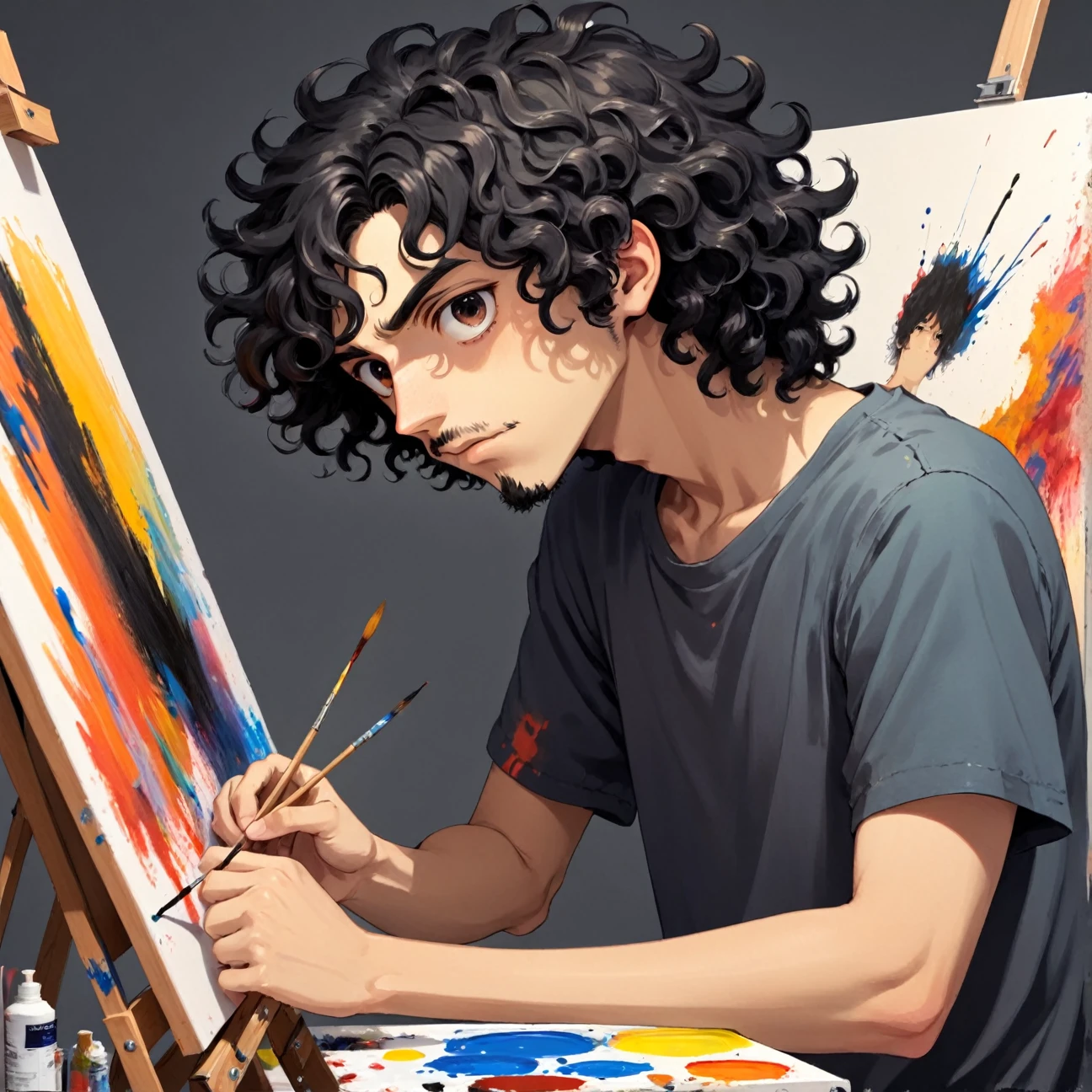 a teenager with very curly black shoulder-length hair, He has black eyes, he has a small zappa beard, he is painting a canvas with paint, studio anime, no estilo de Duskfallcrew e Earthnicity