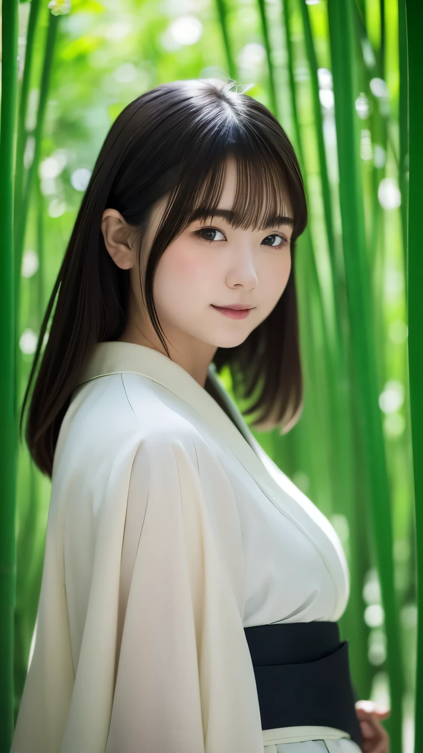 RAW Photos、Realistic、Actual Photos、Knee to upper body、((Highest quality,4K,8k,High resolution,masterpiece:1.2,Very detailed,Realistic,photoRealistic,photo-Realistic:1.37)),(1 female),bamboo forestに佇む女性,, One Girl,Small Nose、White kimono,beautiful kimono,Cute Face,beautiful, Silky black hair,Grey Eyes,Stagnation,静けさの佇むbamboo forest,Full of greenery,Old landscape of Japan,bamboo forest,