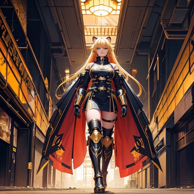 full-body shot(best quality),masterpiece, Very beautiful girl, Very detailed, Amazing, fine details, official art, Super detailed, High resolution, A girl stands in front of a tiger, (Taoism), Beautiful and meticulous girl, There is light on the face, nobody, Flowing blonde hair, Mechanical Lady, Mechanical Armor, water, Armored, Pink mech, Honey Mecha, Machinery,burning city, broken streets, ruins,Motorcycle Friends,horizon,(whole body:0.8),upper bust_Body,,Taoism,flower,Long Er,Bathyscaphe，tarot，(masterpiece, highest quality), (Detailed Hair), Very detailed, Anime Style, whole body, alone, Concept Art, Science Fantasy Combat Girl, Neck-length black and yellow hair, Golden Eyes, His right hand has been modified into a deadly cybernetic claw.. Cyber Kimono, Torn red scarf, Cyber Horned, Wearing tabi socks, White Background, whole body, Standing in the wasteland,Miss, witch hunter, Super detailed, Japanese hairstyle, Surreal robotic arm
