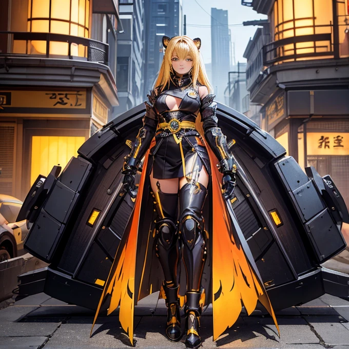 full-body shot(best quality),masterpiece, Very beautiful girl, Very detailed, Amazing, fine details, official art, Super detailed, High resolution, A girl stands in front of a tiger, (Taoism), Beautiful and meticulous girl, There is light on the face, nobody, Flowing blonde hair, Mechanical Lady, Mechanical Armor, water, Armored, Pink mech, Honey Mecha, Machinery,burning city, broken streets, ruins,Motorcycle Friends,horizon,(whole body:0.8),upper bust_Body,,Taoism,flower,Long Er,Bathyscaphe，tarot，(masterpiece, highest quality), (Detailed Hair), Very detailed, Anime Style, whole body, alone, Concept Art, Science Fantasy Combat Girl, Neck-length black and yellow hair, Golden Eyes, His right hand has been modified into a deadly cybernetic claw.. Cyber Kimono, Torn red scarf, Cyber Horned, Wearing tabi socks, White Background, whole body, Standing in the wasteland,Miss, witch hunter, Super detailed, Japanese hairstyle, Surreal robotic arm
