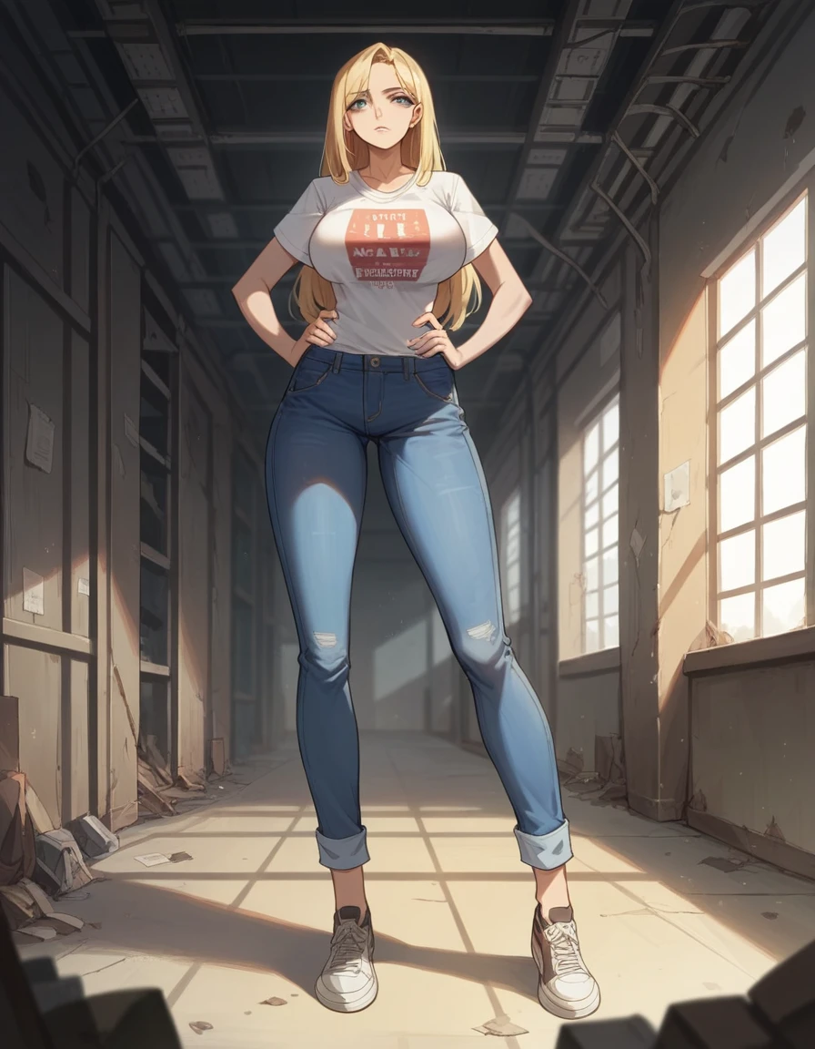 Masterpiece, best quality, Masterpiece, best quality, 1 woman, long blonde hair , t-shirt , Long flare jeans , big breasts , abdomen , Long legs , Put your hands on your hips.. , shoe , full body , abandoned factory , at night