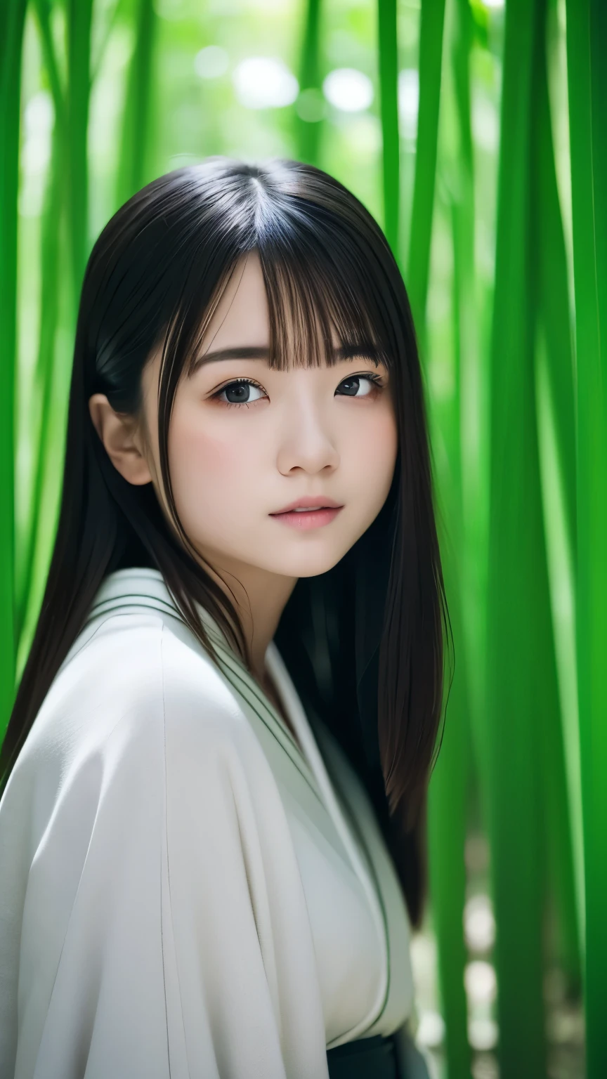 RAW Photos、Realistic、Actual Photos、Knee to upper body、((Highest quality,4K,8k,High resolution,masterpiece:1.2,Very detailed,Realistic,photoRealistic,photo-Realistic:1.37)),(1 female),bamboo forestに佇む女性,14 years old, One Girl,Small Nose、White kimono,beautiful kimono,Cute Face,beautiful, Silky black hair,Grey Eyes,Stagnation,静けさの佇むbamboo forest,Full of greenery,Old landscape of Japan,bamboo forest,