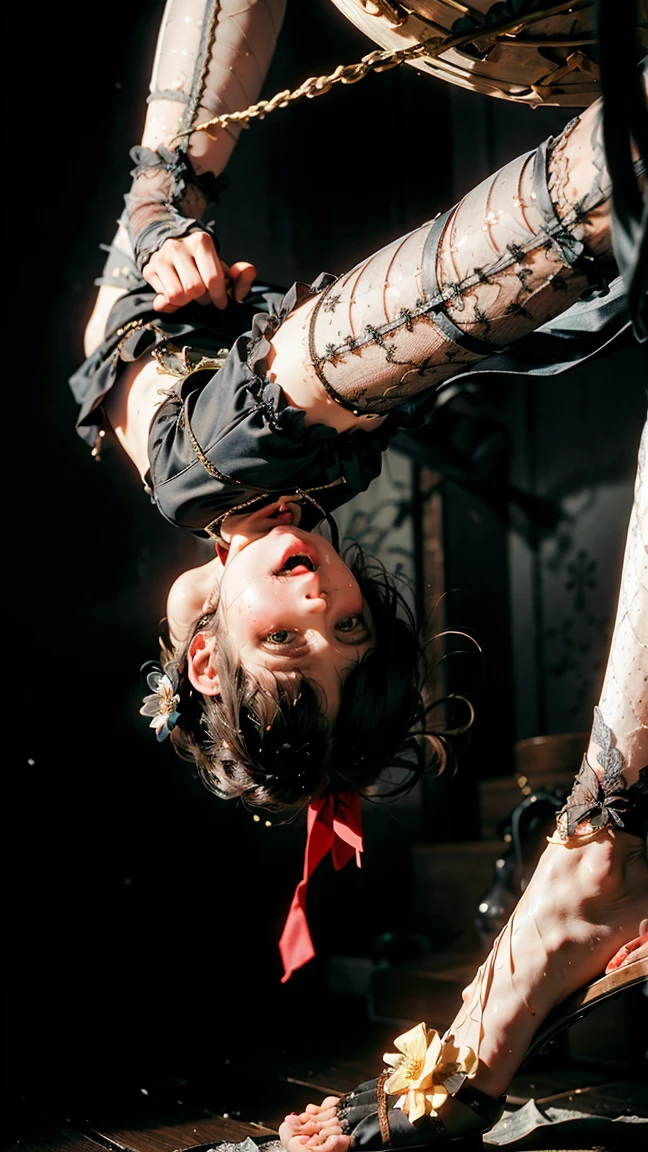 a woman hanging from a black silk ribbon around her neck, struggling in asphyxiated pain, her neck red, drooling with her tongue out, her hands bound by the ribbon, her right ankle bound and pulled downward, barefoot on the left foot, detailed portrait, cinematic lighting, dark and gritty, realistic, photorealistic, hyper detailed, clair obscur, dramatic shadows, moody atmosphere, muted color palette，Close-up of strengthening the neck