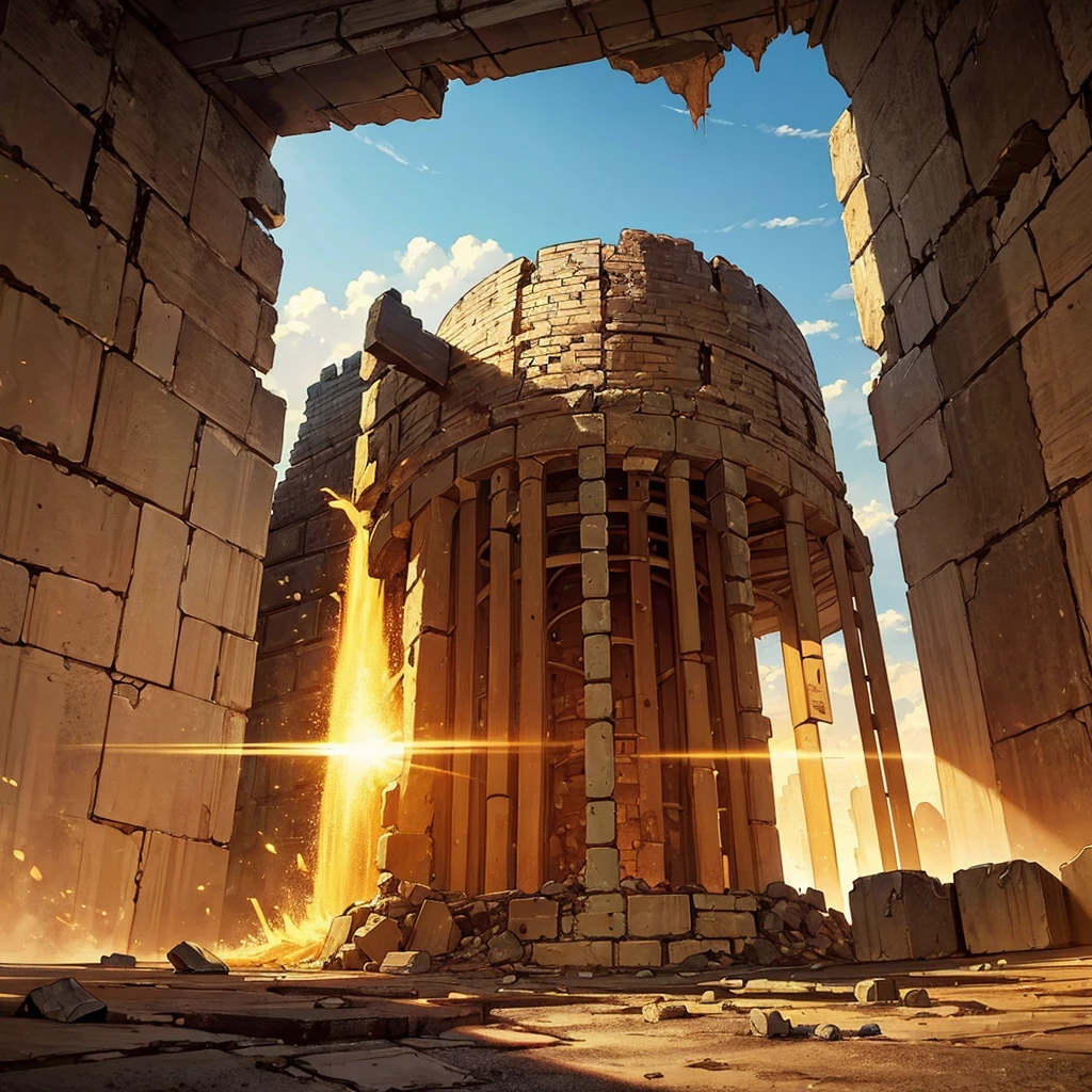 ((((No humans))))、Best illustrations、Best Quality、(Ancient ruins、desert、Grass)、Fall to the floor、(middle ages)、battlefield、explosion、rubble、destruction、(Shining Temple)、From below