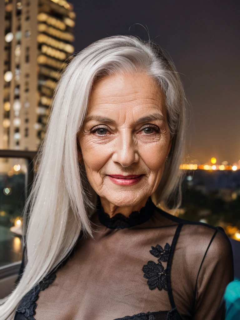 night, soft lights, old women Sixty years old, red lips, long-long white straight hair, hair on her eye, she smiling, posing on huge night balcony, staying and posing for photo, she weared black transparent bodysuit, older beauty, jaw dropping mature older beauty, old face and body with wrinkles, old face, attractive grandma, a gorgeous old silver hair, beautiful old grandma, lovely older mature grandma, gorgeous beautiful grandma over 80 years old, beautiful silver hair grandma, beautiful detailed body and face, a beautiful old grany, black lace bodysuit on her