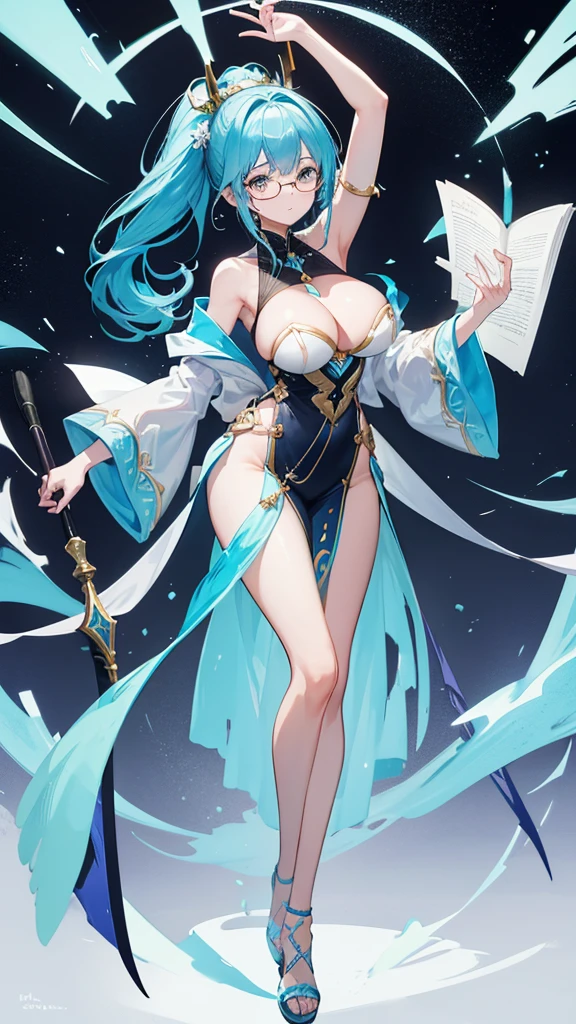 Second dimension ancient style magic robe blue double ponytail hair girl，（Wearing Sven gold wire round frame glasses）（（Full body picture）），（Holding a large brush），Cyan robe，Scroll of the Void，Perfectly proportioned body，Slender，Lively, cheerful and happy，Ultra-clear，No background，Big breasts and hips，（Character Close-up），（Leg ring），Full body picture，