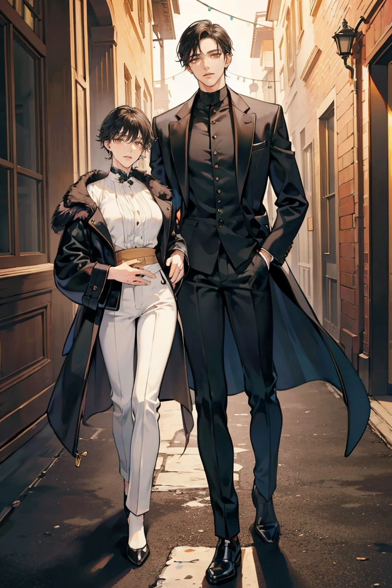 (masterpiece), best quality, seductive eyes, perfect face, handsome man, brown eyes, long slicked back black hair, long nose, tan brown skin, black coat, black fitted pants, extremely tall man, long legs, long calves, full body, tall man, long legs, anime cover, 1boy, ear piercings, hands in pockets, adult-like look, cafe background