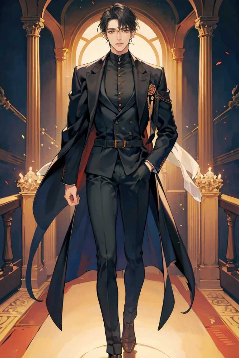(masterpiece), best quality, seductive eyes, perfect face, handsome man, brown eyes, long slicked back black hair, long nose, tan brown skin, black coat, black fitted pants, extremely tall man, long legs, long calves, full body, tall man, long legs, anime cover, 1boy, ear piercings, hands in pockets, adult-like look, cafe background
