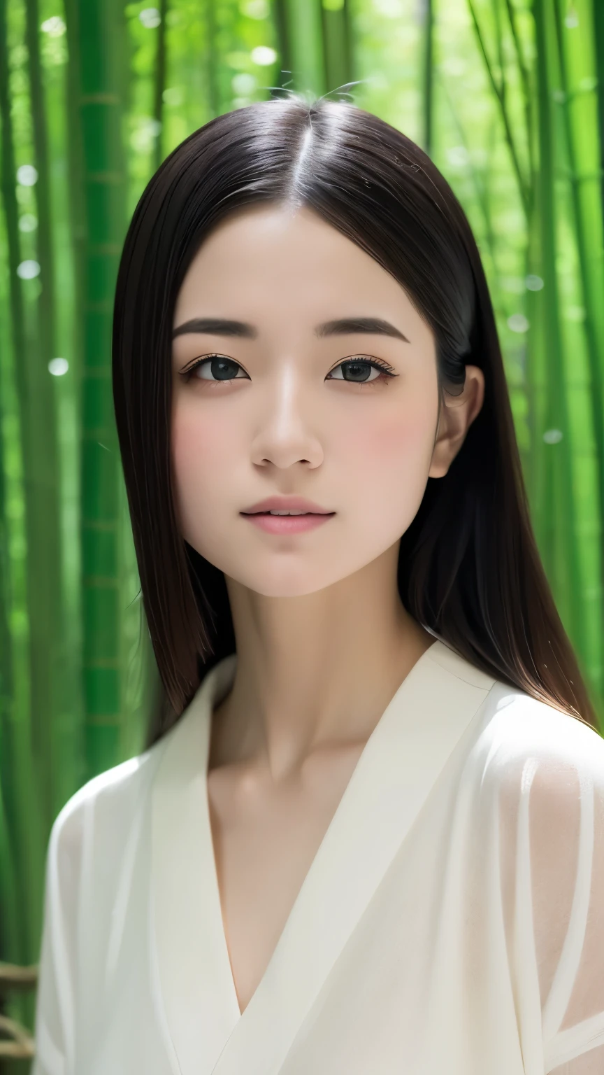 RAW Photos、Realistic、Actual Photos、Knee to upper body、((Highest quality,4K,8k,High resolution,masterpiece:1.2,Very detailed,Realistic,photoRealistic,photo-Realistic:1.37)),(1 female),bamboo forestに佇む女性,One Girl,White kimono,beautiful kimono,Cute Face,beautiful, Silky black hair,Grey Eyes,Stagnation,静けさの佇むbamboo forest,Full of greenery,Old landscape of Japan,bamboo forest,