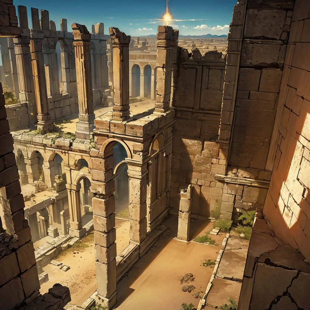 ((((No humans))))、Best illustrations、Best Quality、(Ancient ruins、desert、Grass)、Fall to the floor、(middle ages)、battlefield、explosion、rubble、destruction、(Shining Temple)、From above