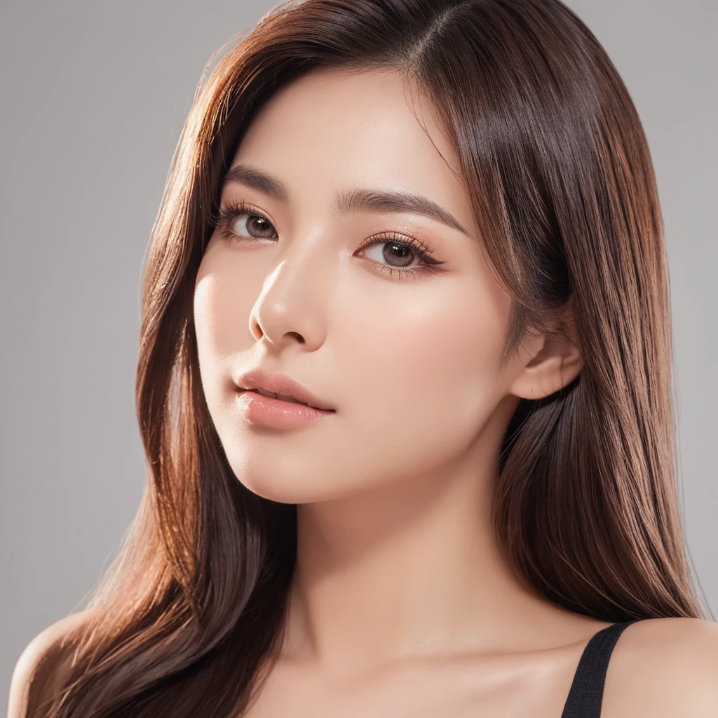 A close-up portrait of a Japanese woman in a high-key studio setting, focusing solely on her face and hair. Her beautifully styled light-colored hair frames her face elegantly. The portrait is cropped just below the chin, with no hands or body visible in the frame.
Her eyes are the focal point of the image, featuring long, voluminous eyelashes that are perfectly curled and defined. The eyelashes are clearly visible, creating a dramatic and feminine look. A precise, dark eyeliner accentuates her eyes, with a subtle wing at the outer corners, enhancing their shape. The eyeliner is smooth and even, perfectly applied to complement her eye shape.
Her skin appears flawless and radiant, with a soft blush adding a warm glow to her cheeks. Her lips are subtly enhanced with a natural-looking lip color that complements her overall makeup.
The studio lighting is exceptionally bright and skillfully arranged, creating a high-key effect. Multiple soft boxes and reflectors produce a wrapping light that minimizes shadows and enhances the overall brightness. This lighting setup brilliantly illuminates her face, particularly emphasizing her eyes, eyelashes, and the subtle contours of her features. The lighting is crisp and even, enhancing the clarity and details of her face while maintaining a soft, flattering effect on the skin.
The background is pure, stark white, creating a clean and extremely bright atmosphere. There are absolutely no other elements or shadows visible in the background - it is completely and uniformly white, seamlessly blending with the edges of the portrait. This white background intensifies the high-key effect, making the subject appear to glow and creating a fresh, modern aesthetic. The contrast between the subject and the white background is striking yet harmonious, drawing full attention to the woman's facial features and the details of her styling.