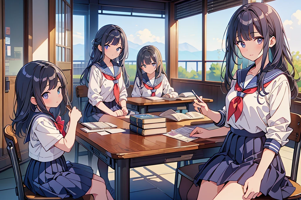 (masterpiece: 1.2, Highest quality, masterpiece, Clearer images), (Vibrant colors), ((Take clear photos even from a distance)), (Multiple Girls), (Harem), (School classmates), (((All school uniforms have the same design))), (((Everyone is wearing the same dark blue skirt))), ((16 years old)), ((prostitution婦)), (prostitution宿, On the bed), (cute Japanese((6 Girls))), (((infant'Face))), ((Group shot)), (Group selfie), Wide-angle, Soft Light, ((((Laugh with your mouth wide open)))), (Slightly larger breasts), ((prostitution)), (Lure), ((Audiences love it)), (((A lot of hearts are flying))),