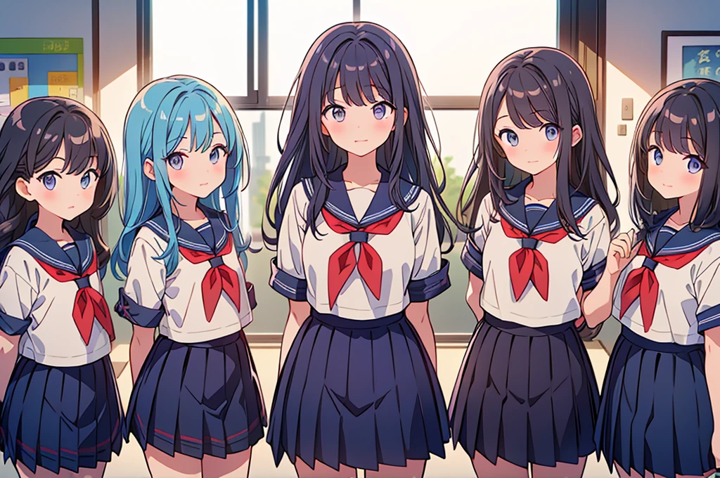 (masterpiece: 1.2, Highest quality, masterpiece, Clearer images), (Vibrant colors), ((Take clear photos even from a distance)), (Multiple Girls), (Harem), (School classmates), (((All school uniforms have the same design))), (((Everyone is wearing the same dark blue skirt))), ((16 years old)), ((prostitution婦)), (prostitution宿, On the bed), (cute Japanese((6 Girls))), (((infant&#39;Face))), ((Group shot)), (Group selfie), Wide-angle, Soft Light, ((((Laugh with your mouth wide open)))), (Slightly larger breasts), ((prostitution)), (Lure), ((Audiences love it)), (((A lot of hearts are flying))),