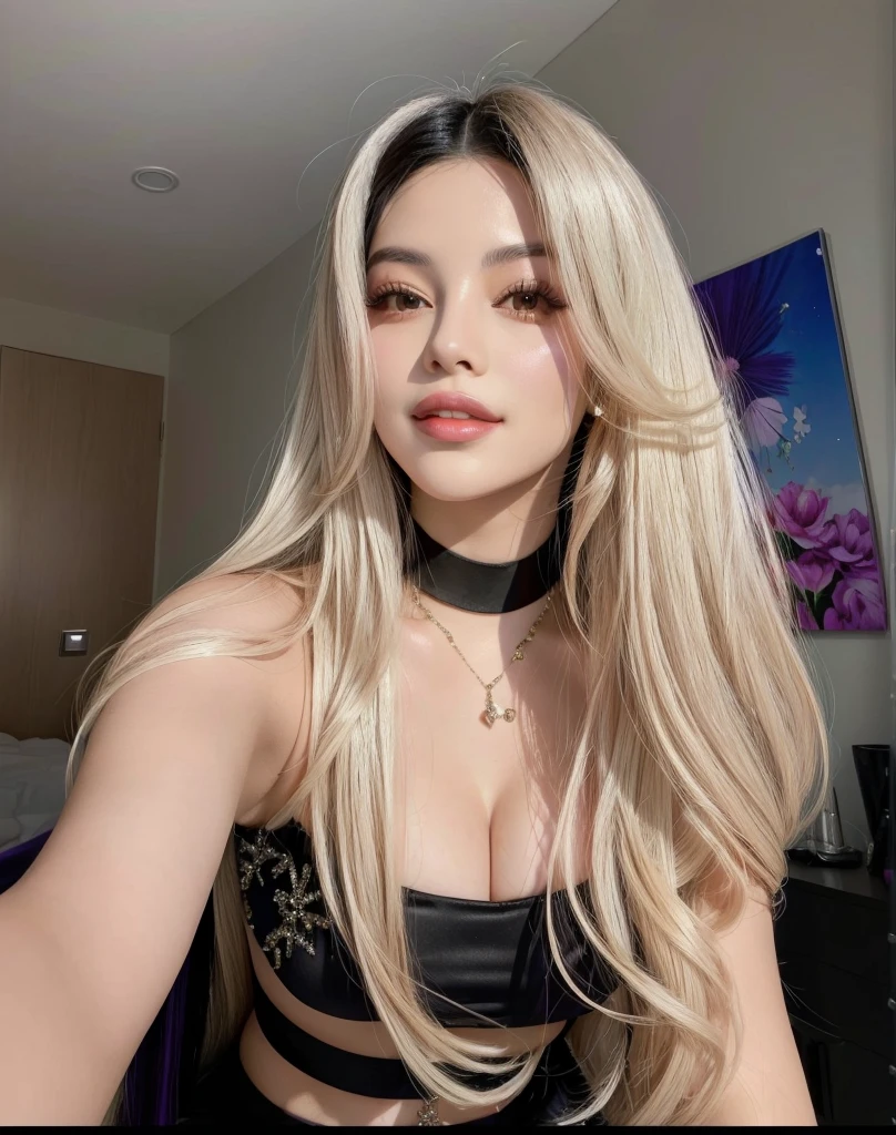 Woman with long black hair taking selfie in bright purple outfit like Selena Quintanilla&#39;s, parecida a jennie the Blackpink, beautiful south korean woman, Beautiful young Korean woman, korean girl, with long black hair, with long black hair, Beautiful young Korean woman, a girl with black hair., with long black hair, jennie the Blackpink, the Blackpink, selena morapho costume, purple selena quintanilla type suit with glitter, The purple suit that Selena Quintanilla wore to her last concert at the Houston Astrodome in 1995 is iconic and widely recognized, a bright purple two-piece set. The top was a bustier with cutouts and sequins, that stood out for its shine and striking details. The pants were high-waisted and also embellished with matching sequins. The entire outfit had a striking and glamorous style, reflecting energy and presence.