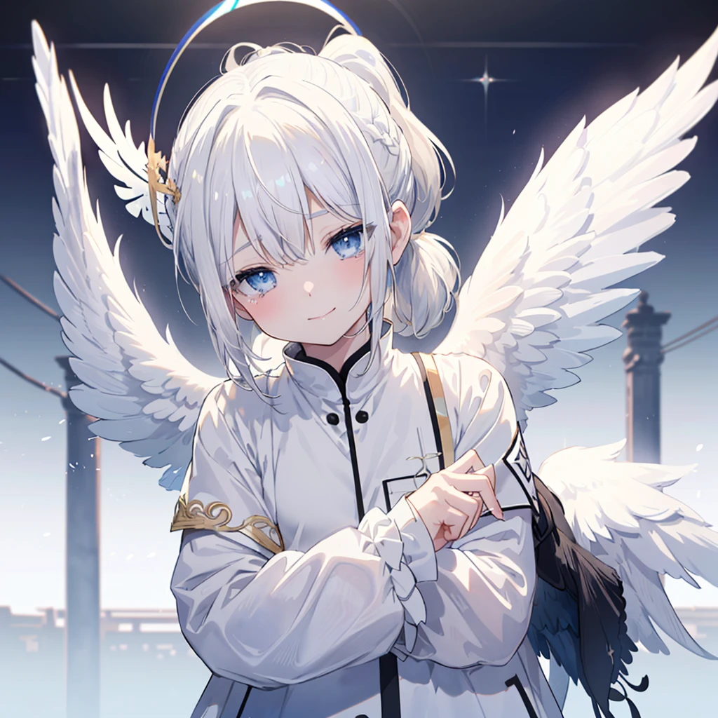((((Archangel、Angel Halo Monotone background)))) (((uniform White Hair、ponytail White skin、blue eyes、Pop stareteors))) ((Pillar of Light)) (Tears smile) Shining Edge、Shining Background