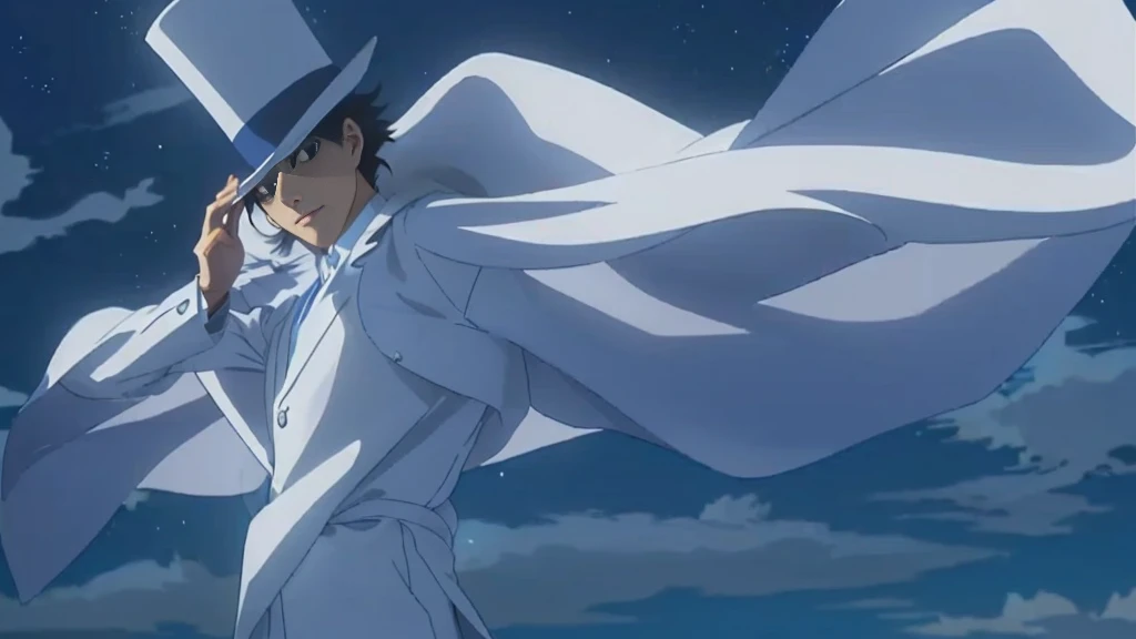 masterpiece, Highest quality, (Highly detailed CG Unity 8k wallpaper), (Highest quality), (Best illustrations), (Best Shadow), Absurd, Realistic lighting, (abyss), Beautiful sparkle, Anime scene of a man in a white suit and top hat, In a flowing white tailcoat, Shinji, Boogiepop Phantom, Flowing white robes, shinichi sakamoto, In anime movies, inspired by Okumura Togyu, 2012年のAnime screenshots, Anime movie screenshots, Anime screenshots, mamoru hosoda