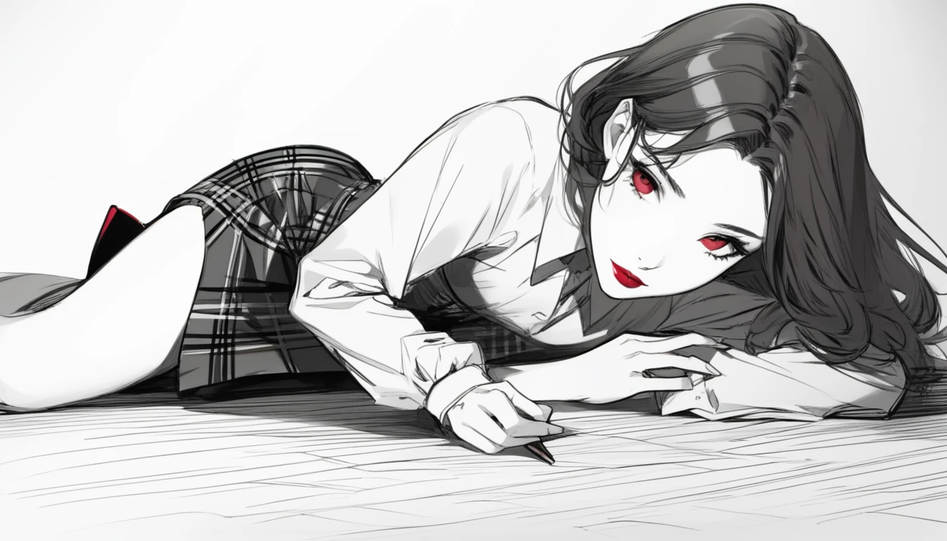 score_9, score_8_up, score_7_up, score_6_up BREAK monochrome, sketch, detailed hatching shading, 1girl,solo, slim, pale skin tone, beauty mark, dark red lipstick, plaids,