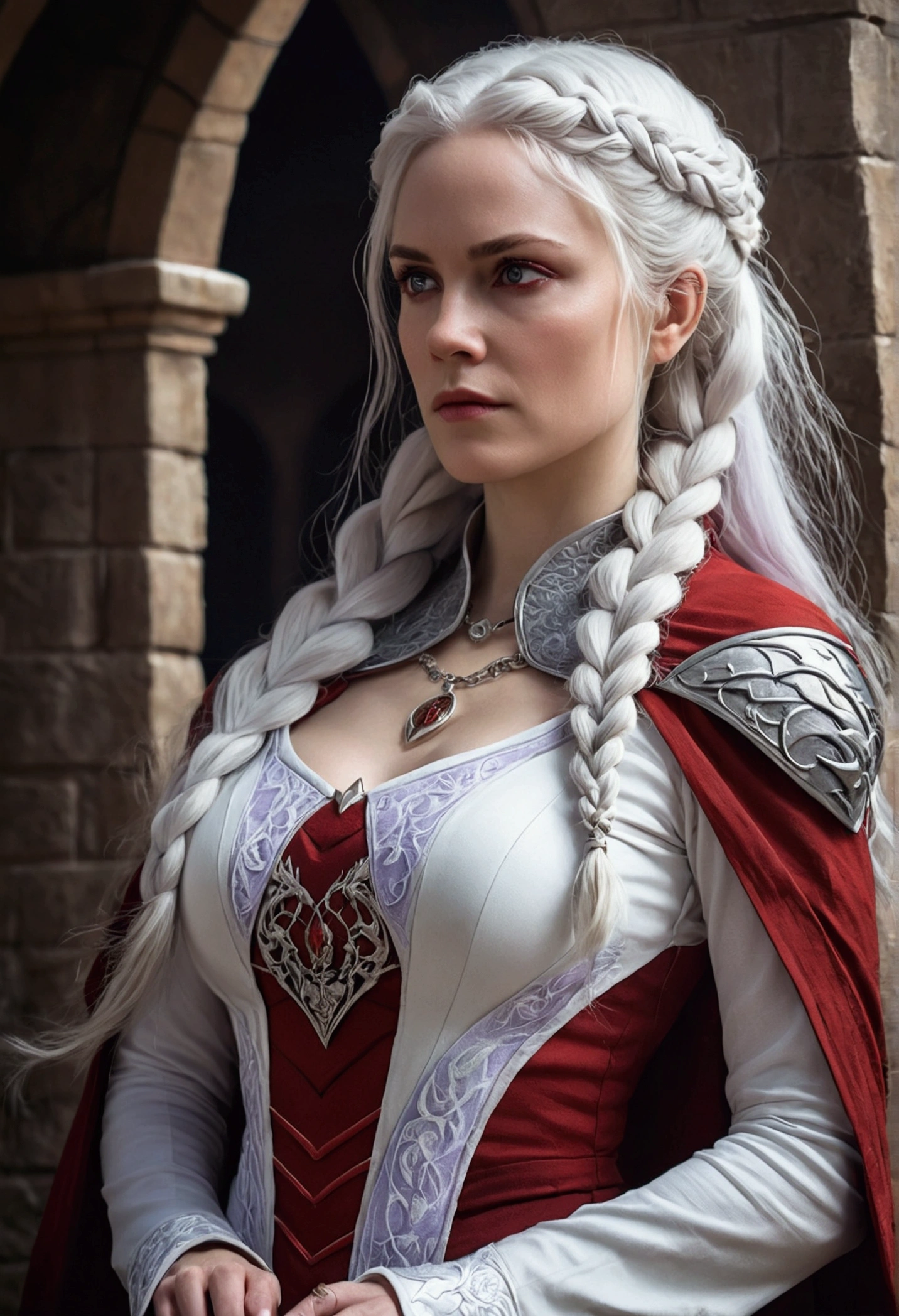 realistic comic book art, Artgerm, Full body portrait of a 40 year old woman, soft purple eyes, pale skin, very long white hair with braided details, foxy eyes, looking to the horizon, serious expression, wearing a white and red details medieval dress with red accessories, dragon embroidery in the dress, big tits, dynamic lightning, Game of Thrones universe, the background is a red castle and keep in the background, the scenario is of winter, art by Scott Snyder, overdetailed