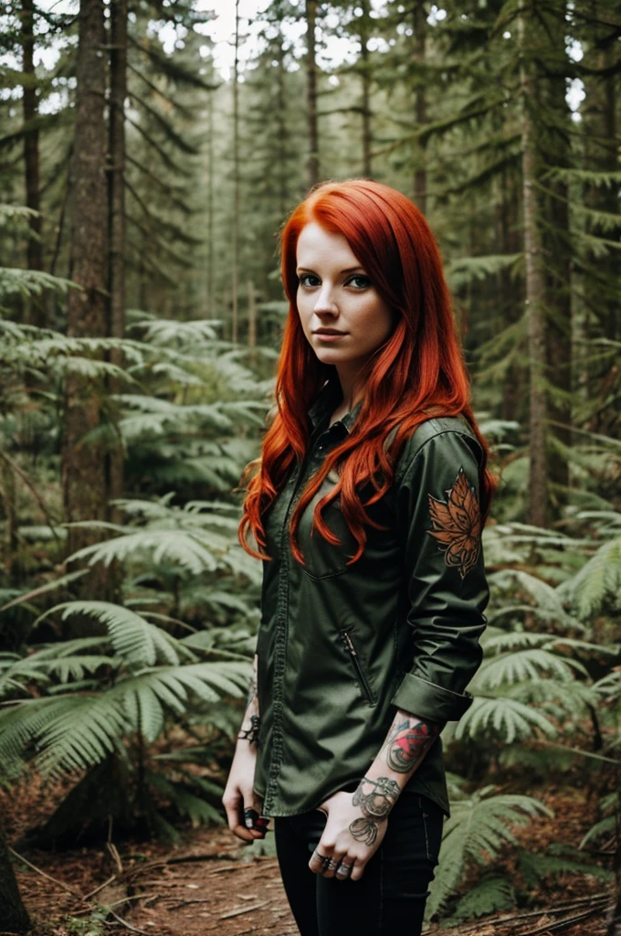 Redhead metalhead girl with Nature Work style tattoos
