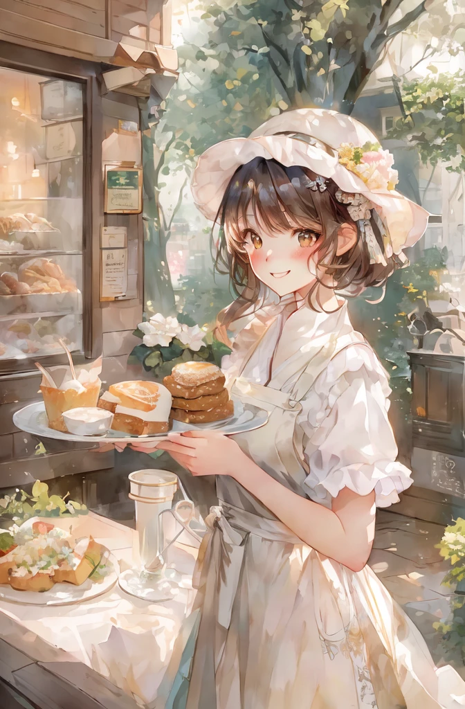 anime smiling girl holding a plate of food in front of a window, artwork in the style of guweiz, guweiz on pixiv artstation, mysterious coffee shop girl, guweiz on artstation pixiv, guweiz, kawaii realistic portrait, kawacy, trending on artstation pixiv, anime visual of a cute girl, fantasy bakery