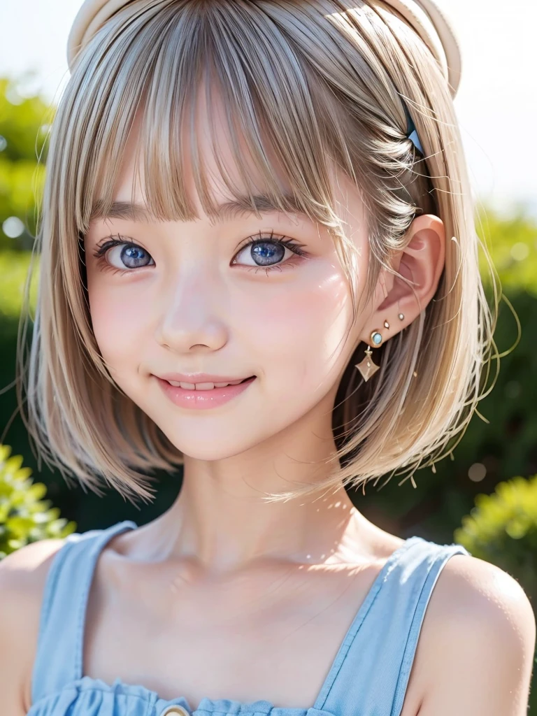 1girl, 14 years old, Famous idol, 1cute girl, very young face, detailed face, cute face, master piece , best quality , woman , bowler hat , bangs , smile , outdoor, Shiny platinum blonde silky super short hair, side locks, beautiful shiny bangs, big clear sky blue eyes, very beautiful light eye highlights, earrings,