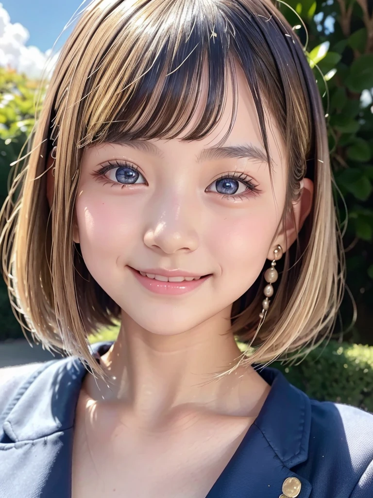 1girl, 14 years old, Famous idol, 1cute girl, very young face, detailed face, cute face, master piece , best quality , woman , bowler hat , bangs , smile , outdoor, Shiny platinum blonde silky super short hair, side locks, beautiful shiny bangs, big clear sky blue eyes, very beautiful light eye highlights, earrings,