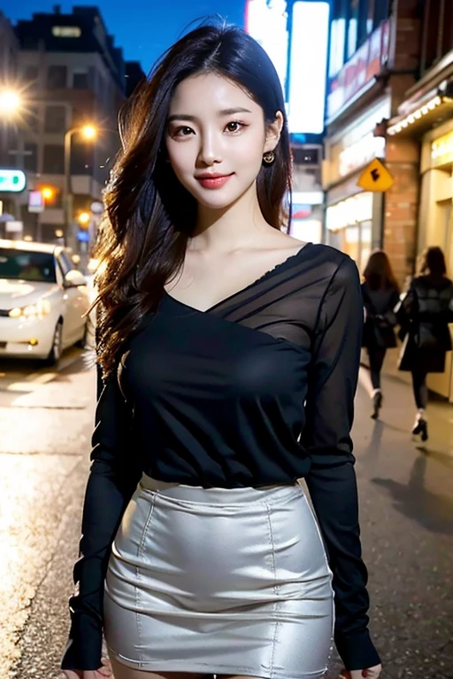 (a gorgeous young korean lady, detailed face with large expressive eyes, long eyelashes, delicate features, ample bust, kind smile, wearing black top and short skirt, standing on city street, highly detailed, 8k, masterpiece, masterful lighting, cinematic composition, photorealistic, volumetric lighting, vibrant colors, elegant, graceful, charming, bokeh, the_cowboy_shot)