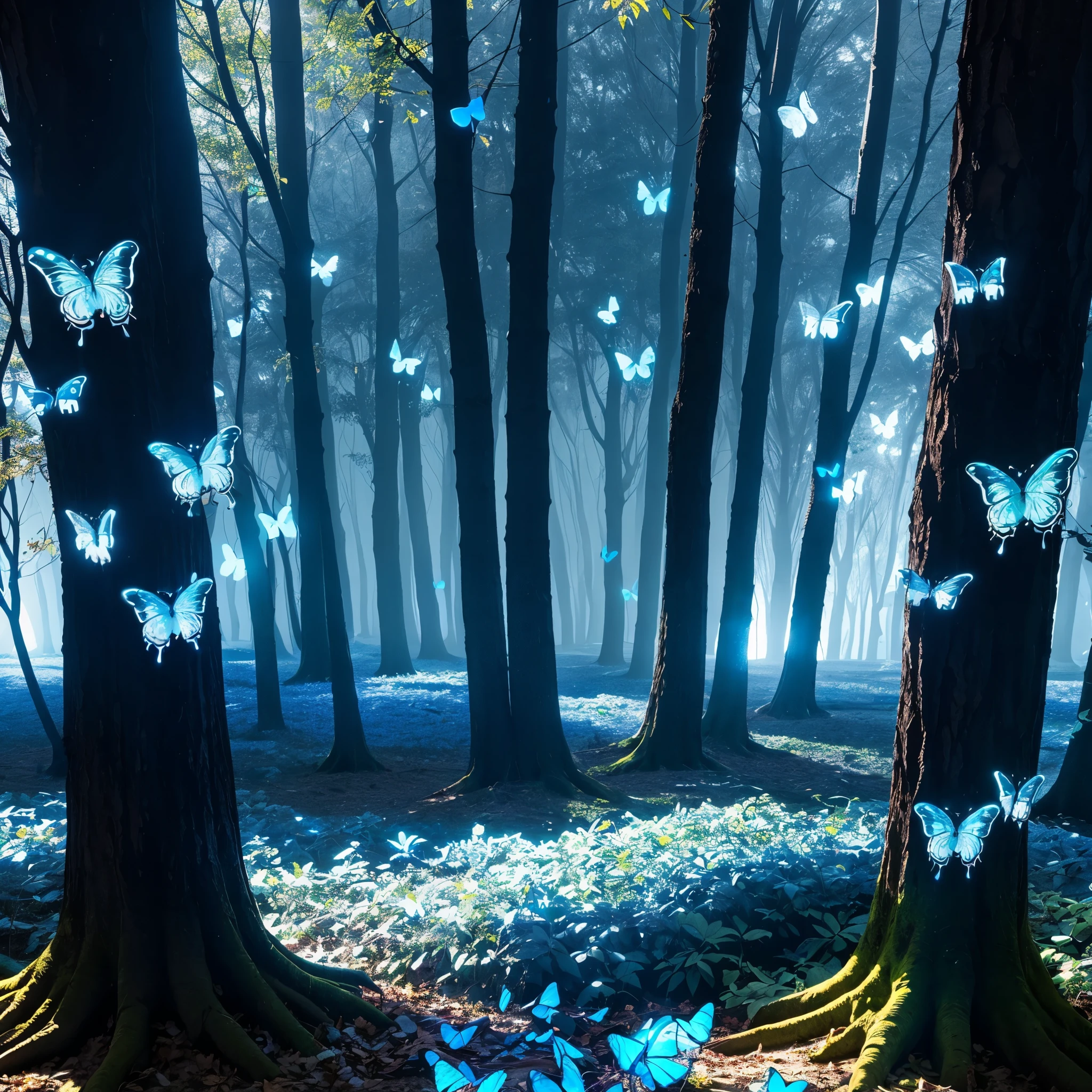 (a glowing blue tree:1.4), (glowing blue leaves:1.4), (glowing blue butterflies:1.4), BREAK, in the middle of dark and dense forest, glowing dust particles, divine light from above,