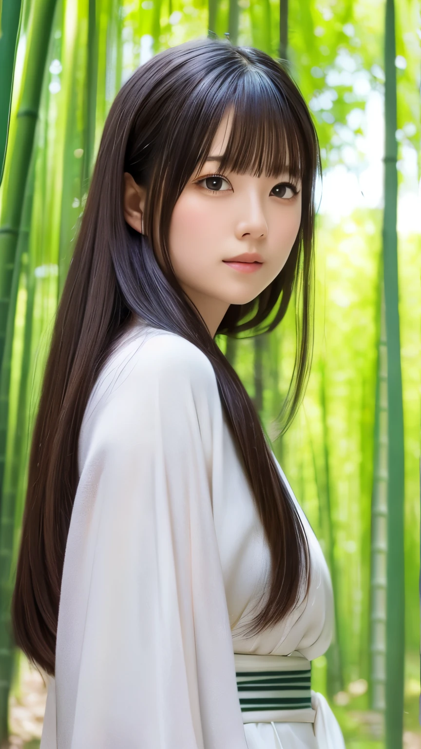 RAW Photos、Realistic、Actual Photos、Knee to upper body、((Highest quality,4K,8k,High resolution,masterpiece:1.2,Very detailed,Realistic,photoRealistic,photo-Realistic:1.37)),(1 female),bamboo forestに佇む女性,One Girl,White kimono,beautiful kimono,Cute Face,beautiful, Silky black hair,Grey Eyes,Stagnation,静けさの佇むbamboo forest,Full of greenery,Old landscape of Japan,bamboo forest,