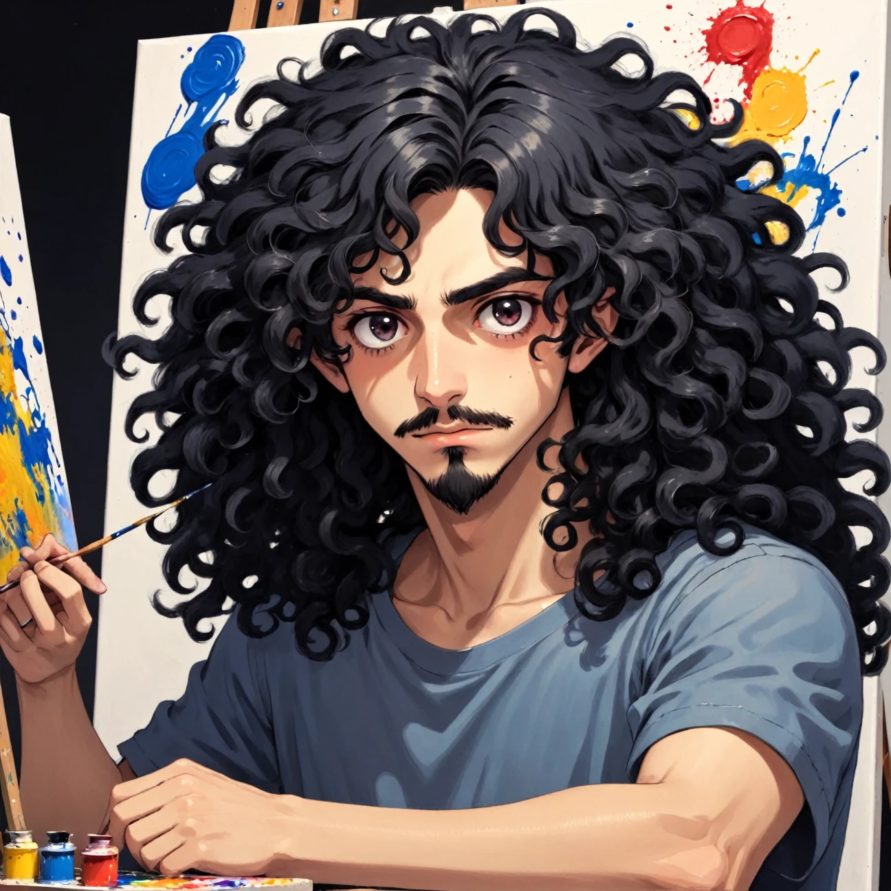 a ager with long black very curly hair, He has black eyes, he has a small zappa beard, he is painting a canvas with paint, studio anime, no estilo de Duskfallcrew e Earthnicity