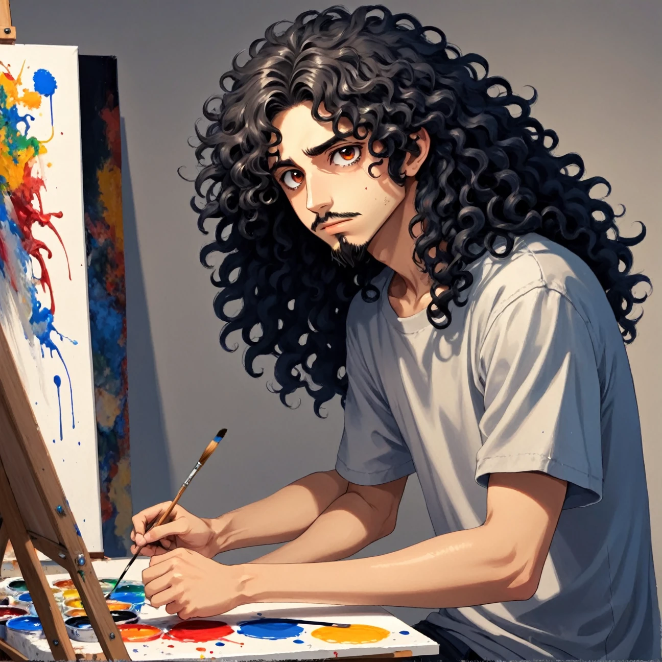 a teenager with long black very curly hair, He has black eyes, he has a small zappa beard, he is painting a canvas with paint, studio anime, no estilo de Duskfallcrew e Earthnicity