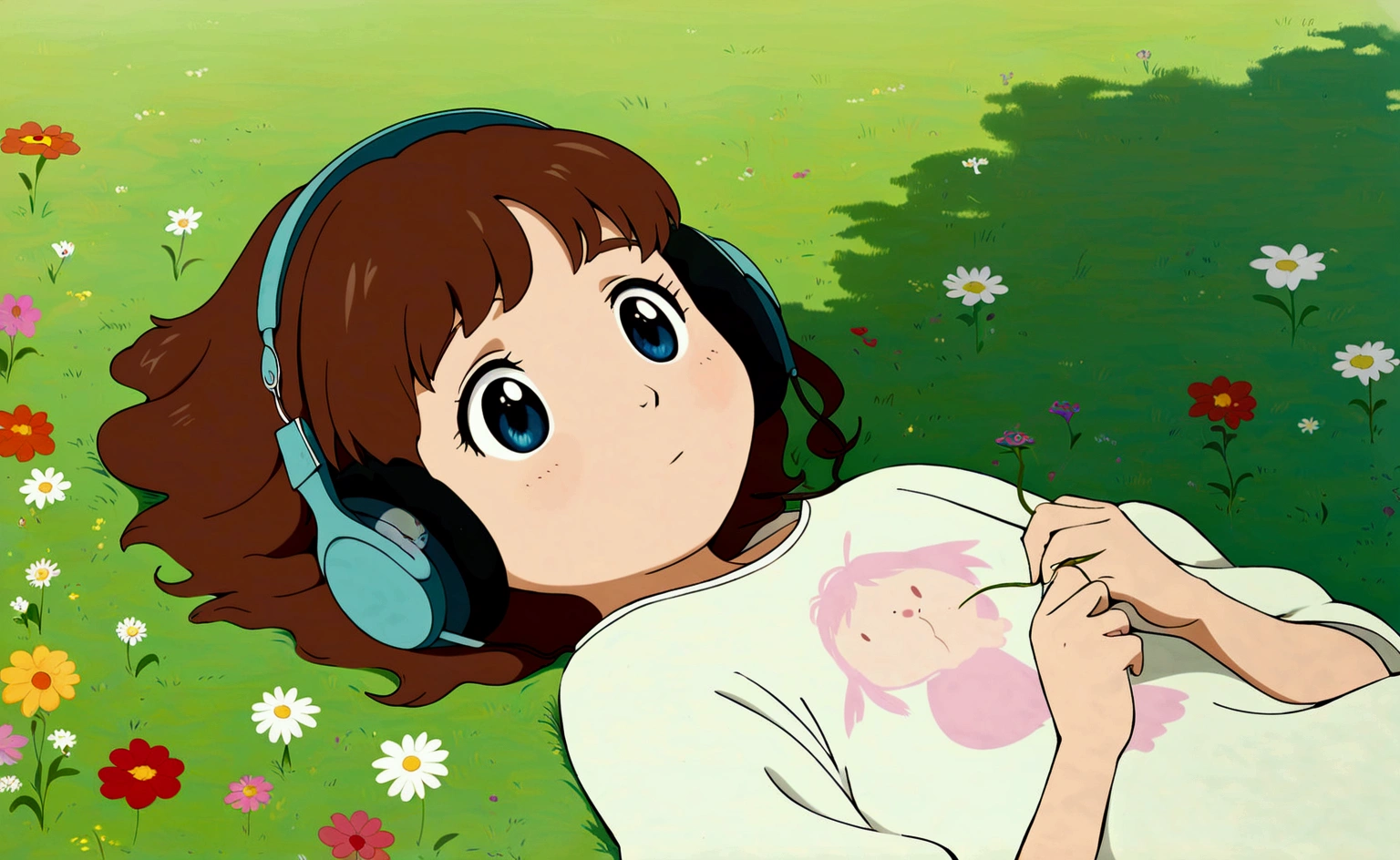 a cute girl lying on the grass in a meadow full of beautiful flowers, meadow, flowers planted everywhere, rosy cheeks, simple, holding a flower in hands, listening to music, Studio Ghibli style, grass swaying, ghibli studio inspired, whimsical, airy, calm, serene, chill, ghibli, anime, ethereal